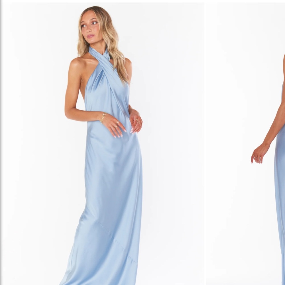 Show me your Mumu - Jasmine halter maxi dress in steel blue luxe satin